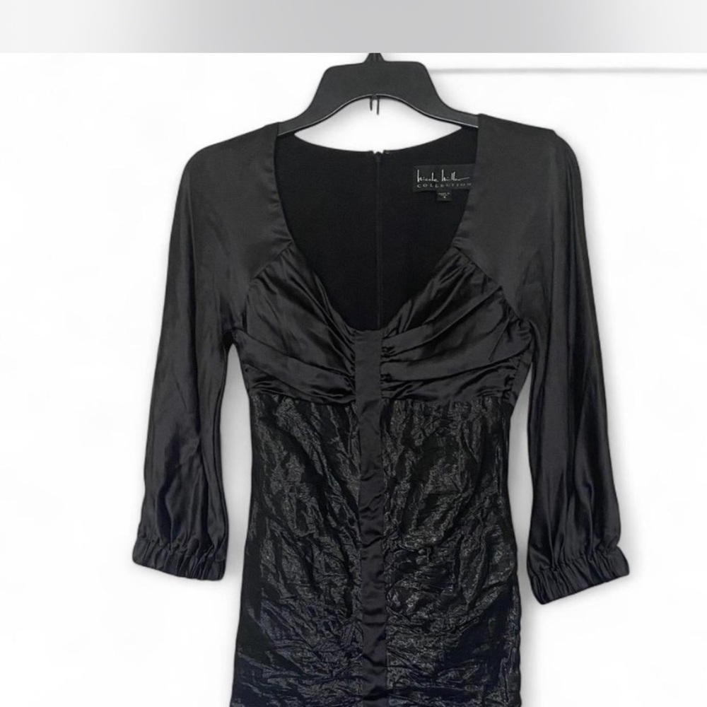 Nicole Miller Elegant Black Ruched Dresswith V-Neck